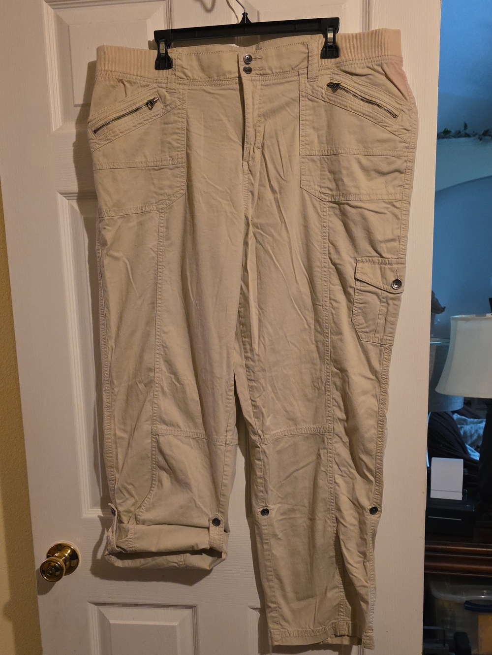 Women's Beige Cargo Pants with Roll-Tab Hem